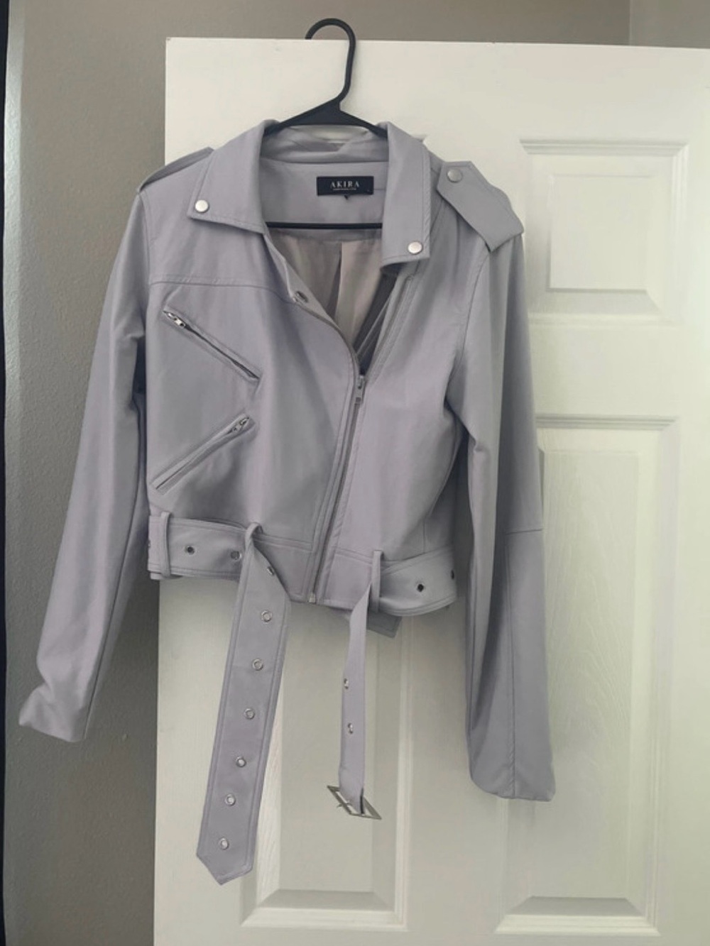 AKIRA Light Gray Belted Moto Jacket